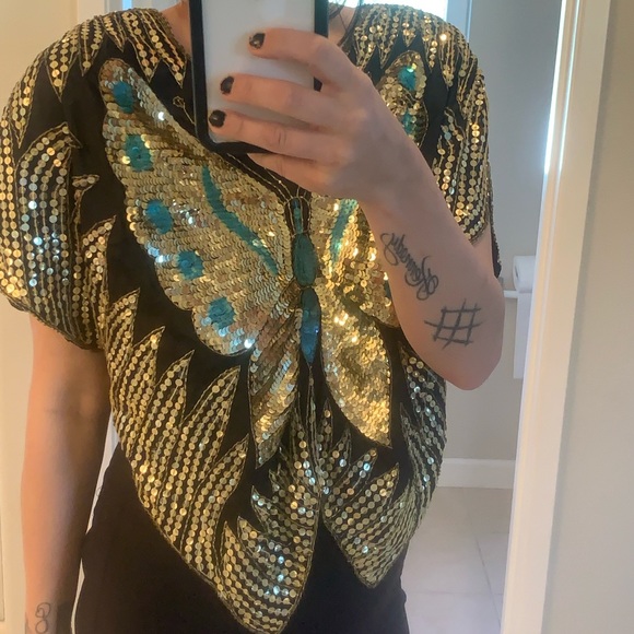 Cute Vintage 1980s Silk Sequined Butterfly Blouse
